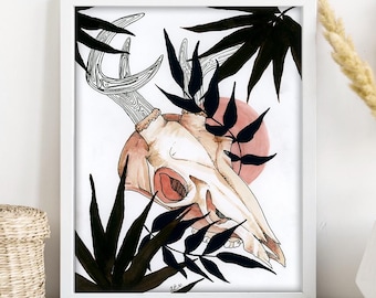 Loving Death - Watercolor Fine Art Print, Floral Deer Skull