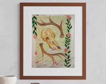 Embroidered - Watercolor Fine Art Print, Deschutes National Forest Deer Skull