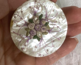Vintage mother of pearl, compact mirror with lipstick holder | petit point floral compact | mid-century vanity, accessory | purse mirror