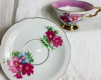 Vintage October cosmos teacup and saucer birth month pink floral lusterware teacup