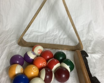 Vintage pool ball set w wooden triangle rack & table brush | billiards game room decor | MCM recreation room accessories