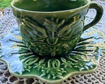 Vintage Bordallo Pinheiro Green Rabbit Cup and Saucer Set, Majolica Portugal Ceramics