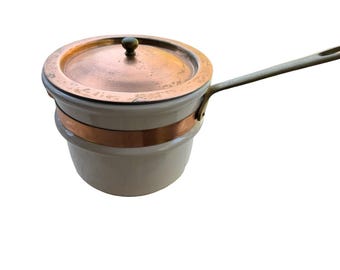 Vintage ceramic double broiler, insert porcelain stoneware, copper band and lid with brass handle 1960s Waldo’s USA pot