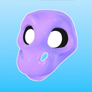 Könnte beinhalten: Eine hellviolette, glänzende, stilisierte Maske mit großen, runden Augenöffnungen und einer Schnauze. Die Augenöffnungen sind schwarz umrandet, mit weißen Zentren. Die Maske ist mit glatten, abgerundeten Merkmalen und einem weißen Umriss gestaltet.