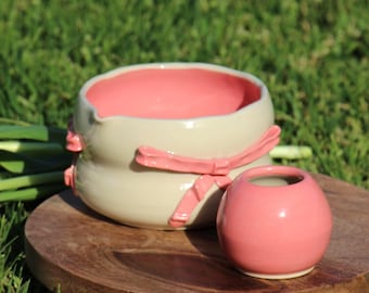 Handmade Ceramic Matcha Bowl and Whisk Holder Set | Whimsical Bow Detail Tea Ceremony Gift
