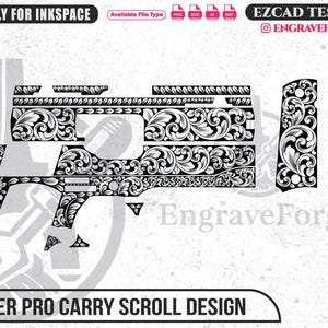 Puede incluir: Diseño de desplazamiento Kimber Pro Carry en blanco y negro. La imagen muestra un patrón floral detallado para grabado láser, incluyendo el marco, la corredera y los paneles de agarre de la pistola. El diseño está etiquetado como "KIMBER PRO CARRY SCROLL DESIGN".