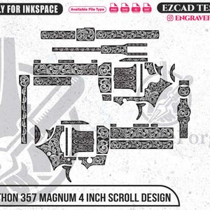 Peut inclure: Illustration vectorielle en noir et blanc d'un Colt Python 357 Magnum de 4 pouces avec un motif de volutes. Le design est divisé en parties individuelles, avec des volutes florales. Le texte comprend "Friendly for Inkspace" et "EZCAD Tested".