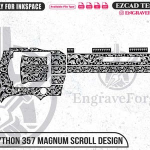Peut inclure: Conception de défilement Colt Python 357 Magnum en noir et blanc. Le motif présente des motifs floraux complexes et est étiqueté "Friendly for Inkspace" et "EZCAD Tested". Le texte "EngraveForge" est également visible.