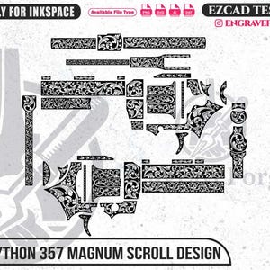 Peut inclure: Design de volutes en noir et blanc pour un Colt Python 357 Magnum. L'image présente les pièces démontées de l'arme à feu avec des motifs floraux complexes. Le texte en bas indique "COLT PYTHON 357 MAGNUM SCROLL DESIGN".