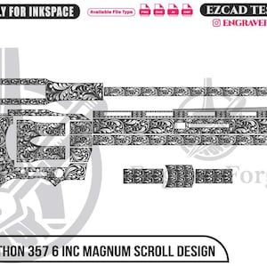May include: A detailed black and white scroll design for a Colt Python 357 6-inch Magnum. The design is intricate, with floral and swirling patterns. The image includes text indicating compatibility with Inkspace and EZCAD.