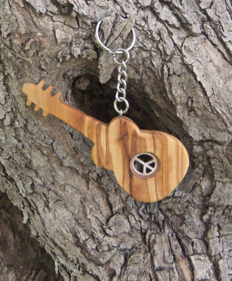 Hand carved Greek Olive Wood key chain guitar inlaid with Etsy