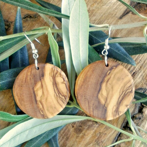 Hand made round Olive Wood earrings, designed and carved by Eric Kempson