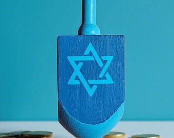 Dreidel grande de madera azul pintado a mano para Hanukkah, regalo de Janucá, decoración judía para el hogar, estrella de David de Hanukkah, regalos religiosos para judíos.