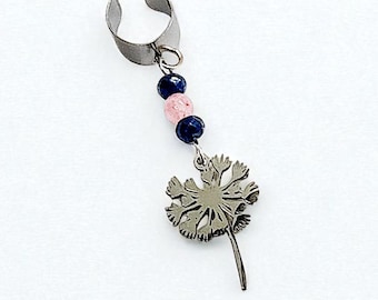 Dandelion Ear Cuff with Dangling Gemstones, Silver Non-Pierced Jewelry, Handmade Beaded Jewelry, No Piercing Earring, Boho Clip On Earring
