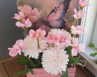 Artificial Flower Butterfly Arrangement in Wood Decoupaged Planter, Spring Centerpiece, Entryway Decor, Floral Shelf Decor, Farmhouse Style
