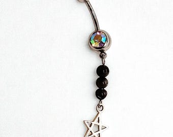 Whimsigoth Sterling Silver Star & Labradorite Gemstone Dangle Belly Button Ring Body Jewelry 14G, Navel Ring, Handmade Jewelry, Body Jewelry