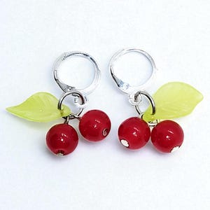 Playful Red Cherry Charm Gold Plated Drop Earrings, Handmade Beaded Jewelry, Silver Earrings, Fun Dangle Earrings, Gift for Girlfriend