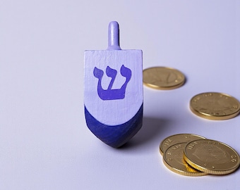 Dreidel morado de madera pintado a mano para Hanukkah, regalo de Janucá, decoración judía para el hogar, regalos religiosos judíos.