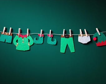 Miniature Elf Clothes Line Christmas Tree Ornament, Whimsical Holiday Home Decor Wall Hanging, Xmas Decoration, Mantle Decor, Christmas Gift