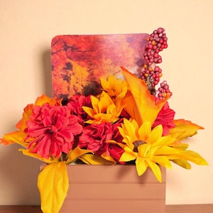 Autumn Harvest Floral Arrangement in Wood Decoupaged Planter, Thanksgiving Floral Centerpiece, Rustic Fall Farmhouse Decor, Fall Flowers