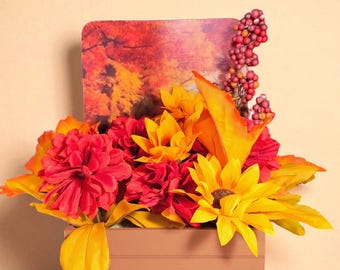 Autumn Harvest Floral Arrangement in Wood Decoupaged Planter, Thanksgiving Floral Centerpiece, Rustic Fall Farmhouse Decor, Fall Flowers