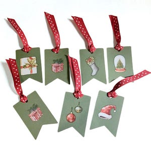 Whimsical Christmas Gift Tags with Red Ribbon - Set of 7, Christmas Stocking Tags, Holiday Gift Wrap, Xmas Gift Wrapping Paper, Scrapbooking