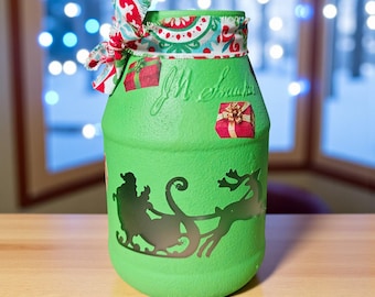 Santa Sleigh Glass Jar Tealight Candle Holder, Christmas Table Decoration, Holiday Home Decor, Xmas Entryway Centerpiece, Hostess Gift