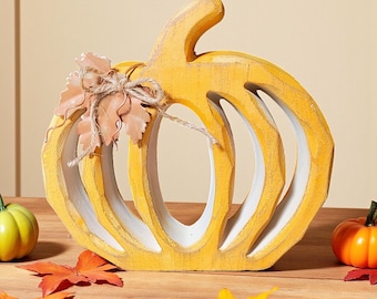 Decorazione di zucca in legno d'arancio per il raccolto, arredamento rustico autunnale per la casa, decorazione da tavolo per l'ingresso, regalo per l'ospite del Ringraziamento, primitivo scaffale.