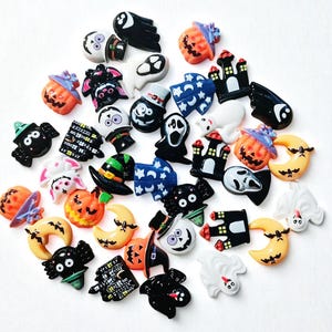 ハロウィンミックス樹脂フラットバック10個、トリックオアトリートパンプキンフラットバック、パンプキンカボション、ゴースト、コウモリ、魔女、ジャックオーランタン、ミイラ樹脂