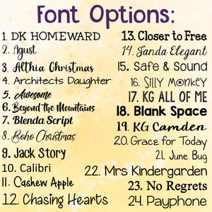 May include: A graphic displaying a list of 24 font options, each with a unique name. The title "Font Options" is in purple. The fonts vary in style, from classic to whimsical, and are displayed on a yellow and white background.