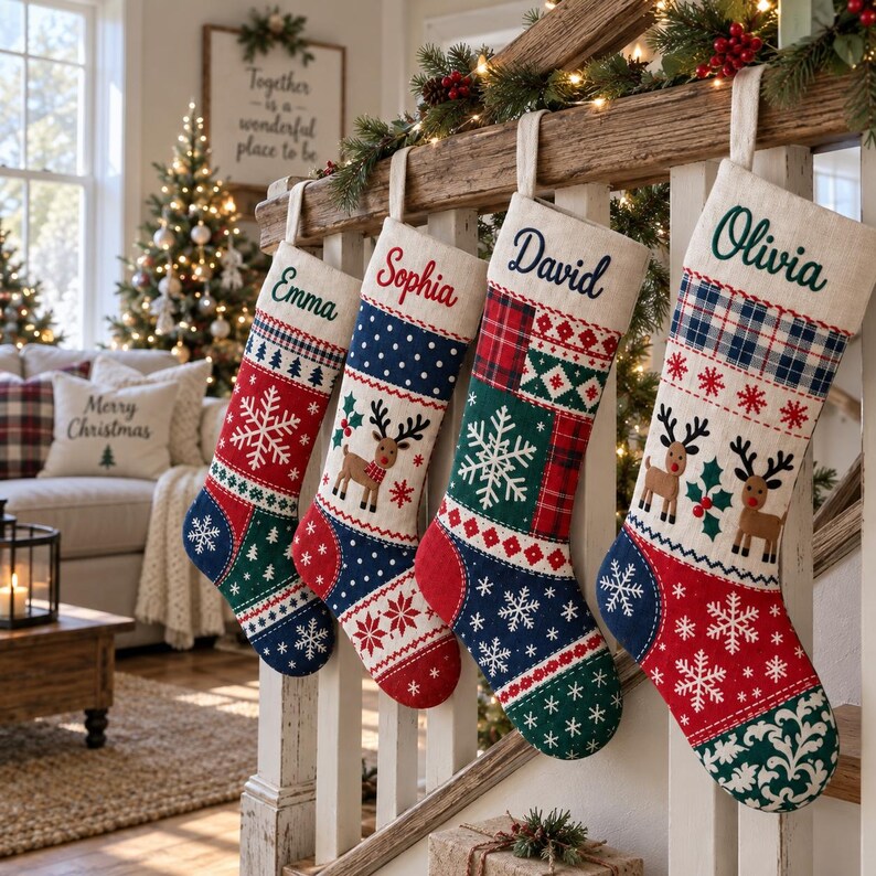 Pode incluir: Quatro meias de Natal personalizadas penduradas num corrim&atilde;o de madeira. Cada meia apresenta um design de patchwork &uacute;nico com padr&otilde;es festivos, incluindo flocos de neve, renas e xadrez, com os nomes Emma, Sophia, David e Olivia bordados.