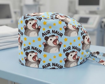 Aur Naur Opossum Scrub Cap: Blue Cotton Funny Meme Print Nurse Hat, Nurse Gift