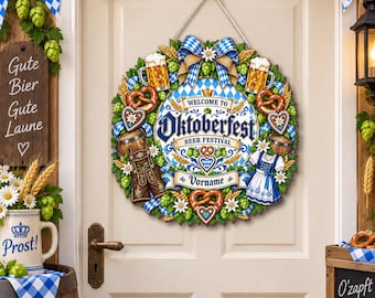 Personalized Oktoberfest Wooden Welcome Sign: Custom Name Bavarian Door Hanger