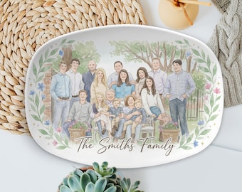 Personalized Family Portrait Platter: Custom Watercolor Illustration from Photo, Plate Decor