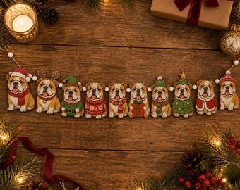 English Bulldog Christmas Wooden Garland: Holiday Dog Bunting