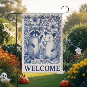 Whimsical Animal Welcome Flag, Raccoon Opossum Garden Sign, Cute Woodland Yard Decor, Rustic Floral Outdoor Flag, Funny Porch Decor