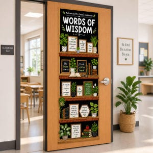 May include: A wooden classroom door featuring a large vertical decal with the text Words of Wisdom. The design displays five shelves filled with potted plants, stacks of books, and framed inspirational quotes, creating a bookshelf aesthetic.