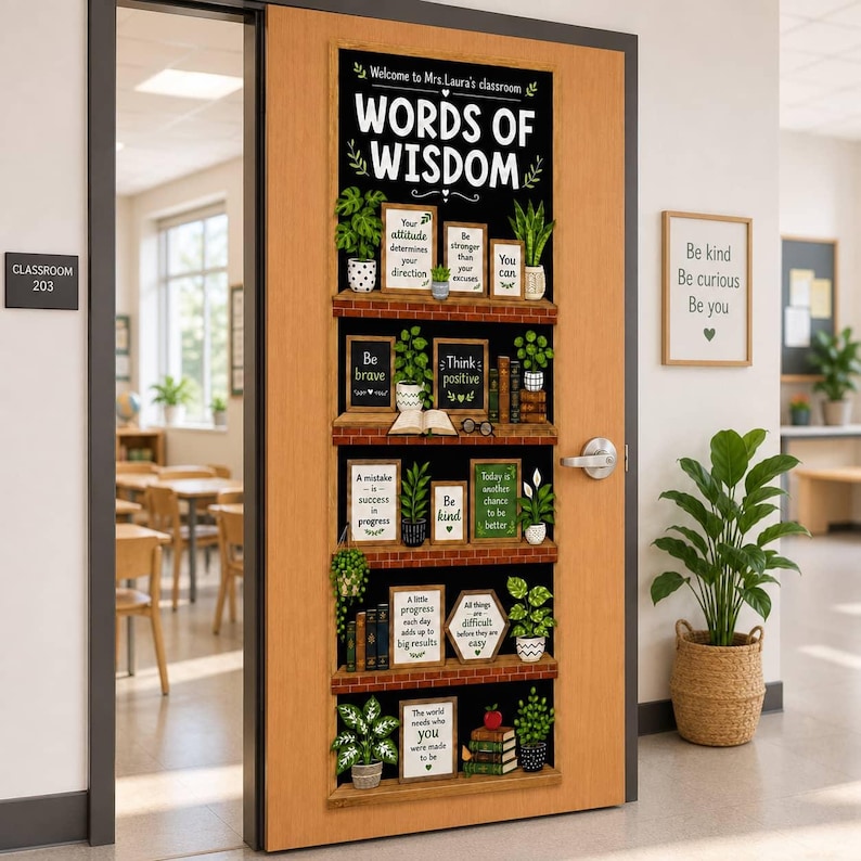 May include: A wooden classroom door featuring a large vertical decal with the text Words of Wisdom. The design displays five shelves filled with potted plants, stacks of books, and framed inspirational quotes, creating a bookshelf aesthetic.