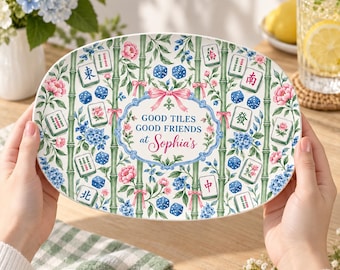 Personalized Mahjong Serving Platter: Custom Name Chinoiserie Floral Bamboo Tray