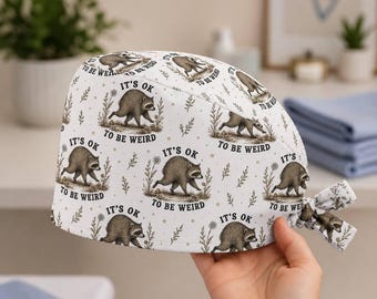 It's Ok To Be Weird Scrub Cap: Surgical Hair Cover, White Jimothy Raccoon Print