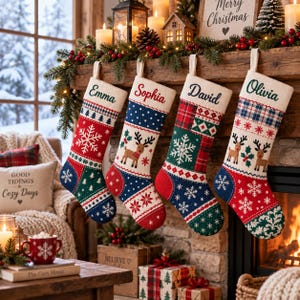 Pode incluir: Quatro meias de Natal personalizadas penduradas em fila, cada uma com padr&otilde;es &uacute;nicos como flocos de neve, renas e xadrez em vermelho, verde e azul. Os nomes Emma, Sophia, David e Olivia est&atilde;o bordados nas meias.