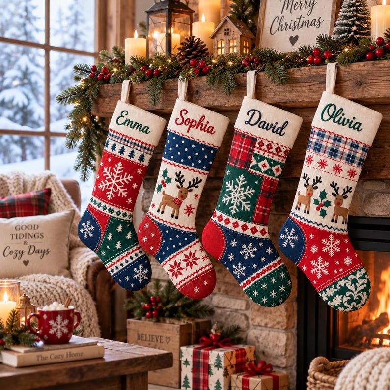 Pode incluir: Quatro meias de Natal personalizadas penduradas em fila, cada uma com padr&otilde;es &uacute;nicos como flocos de neve, renas e xadrez em vermelho, verde e azul. Os nomes Emma, Sophia, David e Olivia est&atilde;o bordados nas meias.