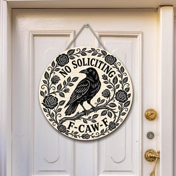 No Soliciting Wooden Door Sign: Round Black Raven, F-CAW-F Floral Wreath