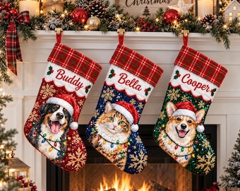 Personalized Sequin Christmas Stocking: Custom Pet Photo, Plaid Cuff, Name