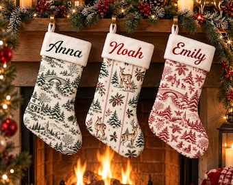 Personalized Toile Christmas Stocking: Custom Name, Faux Fur Cuff, Winter Scene