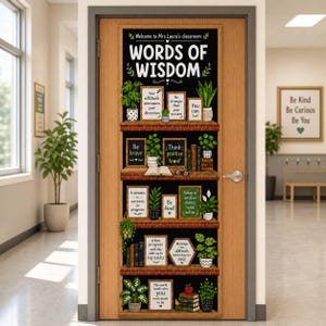 May include: A wooden classroom door featuring a large vertical decal with the text Words of Wisdom and Welcome to Mrs. Laura's classroom. The design depicts five shelves filled with framed inspirational quotes, potted green plants, and books.