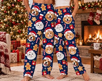 Custom Pet Face Christmas Pajama Pants: Blue Dog Cat Holiday Sleepwear
