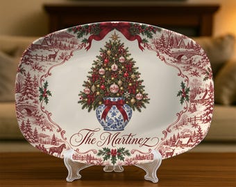 Personalized Red Toile Christmas Platter: Custom Name Chinoiserie Tree Decor Plate