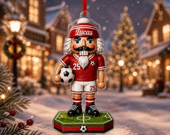 Personalized Soccer Nutcracker Ornament: Custom Player Name Red Jersey Keepsake