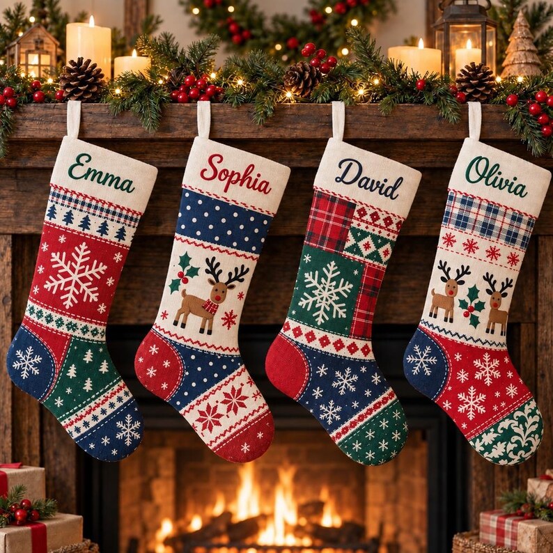 Pode incluir: Quatro meias de Natal penduradas em fila, cada uma com um padr&atilde;o &uacute;nico de flocos de neve, renas, xadrez e formas geom&eacute;tricas em vermelho, verde e azul. As meias s&atilde;o personalizadas com os nomes Emma, Sophia, David e Olivia.